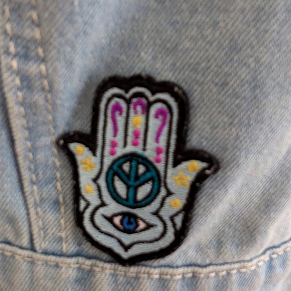 Compania Fantastica Blue Denim Jean Applique Jacket With Colorful Patchwork Sz M - Picture 12 of 16